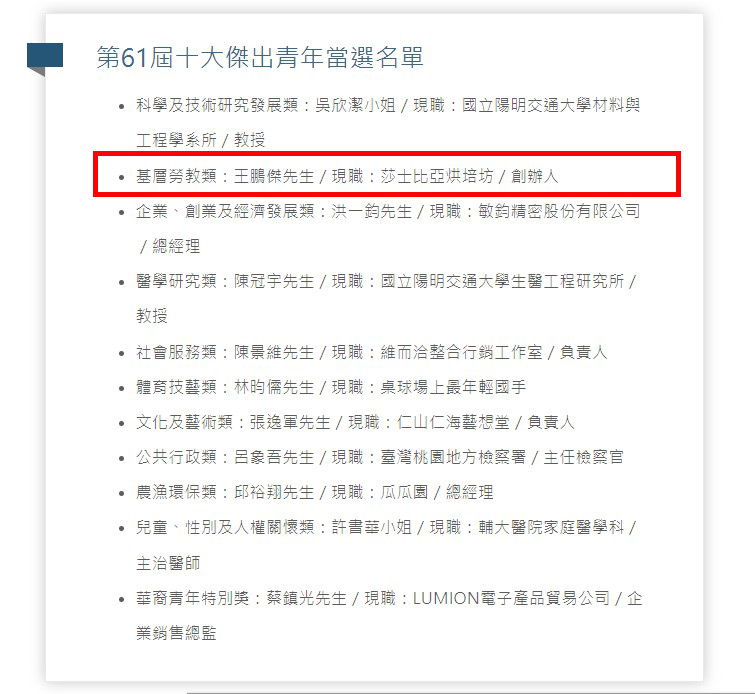 第61屆十大傑出青年當選名單( 鏡周刊整理)圖片